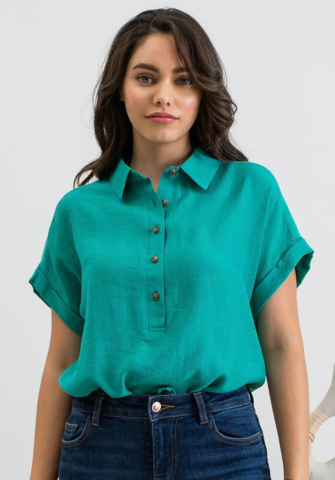 Plus Mid Button Down Woven Top