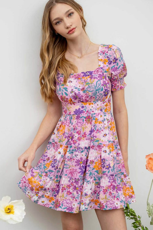 Floral Puff Sleeve Ruffle Tiered Midi Dress