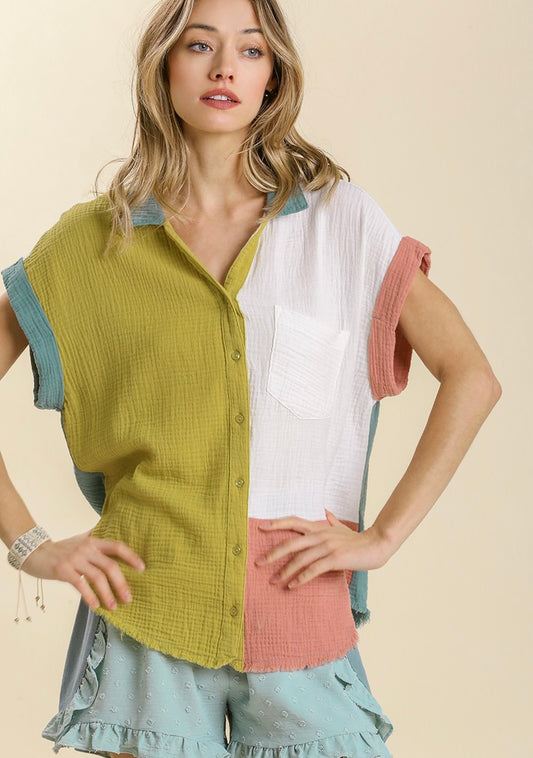 Color Block Button Up Short Folded Sleeve Top