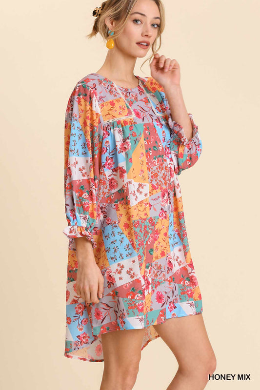 Honey Mixed Print Crochet Trim Ruffle Sleeves Dress