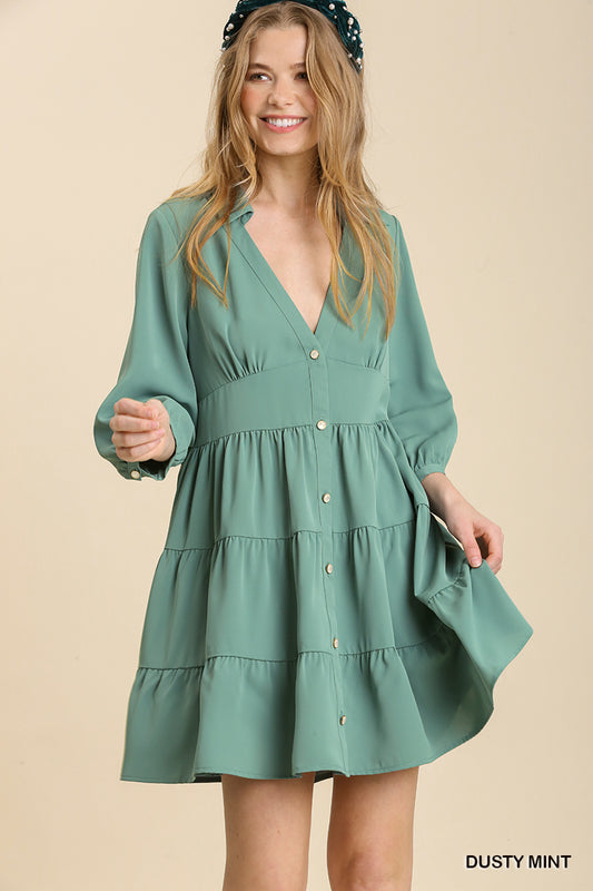 Empire Waist Collared Button Up Tiered Dress