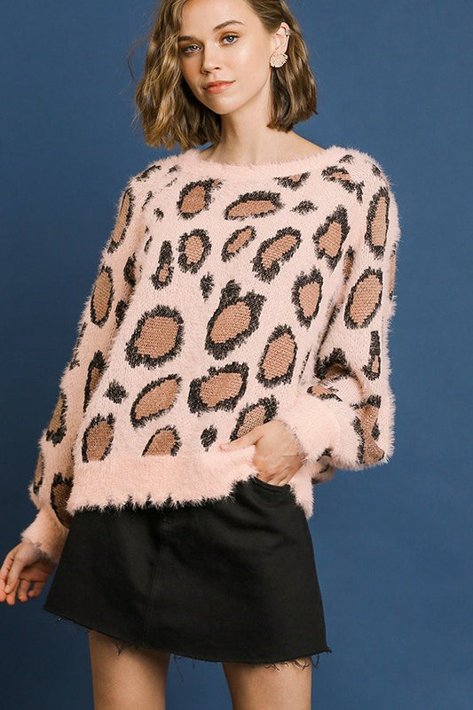 Pink Animal Print Long Sleeve Fuzzy Sweater