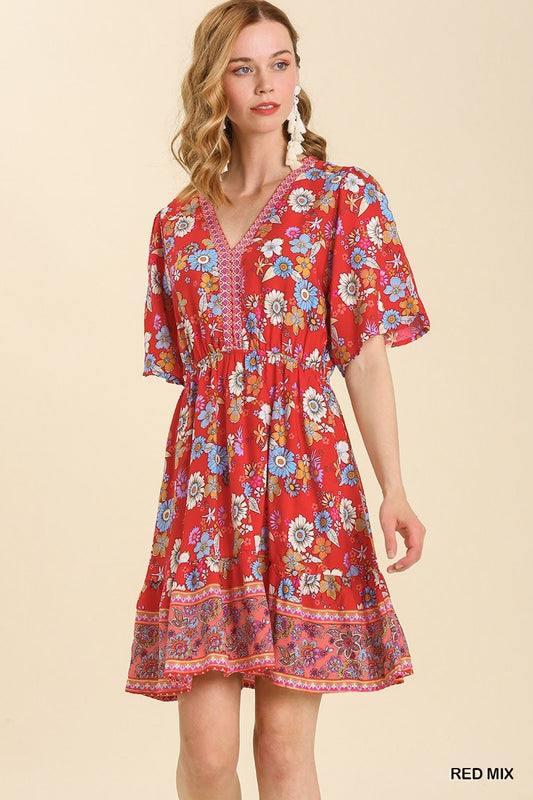 Red Floral Print Short Sleeve Print Dress