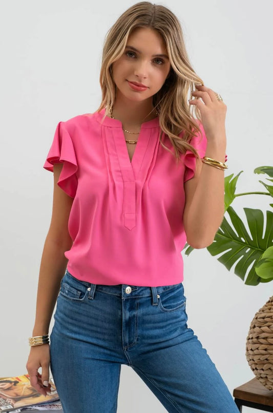 Solid Flutter Sleeve Woven Top