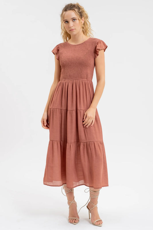 Smocked Terracotta Tiered Midi Dress