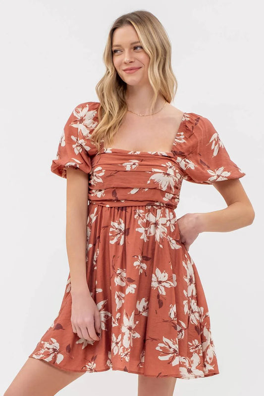 Floral Pleated Terracotta Mini Dress