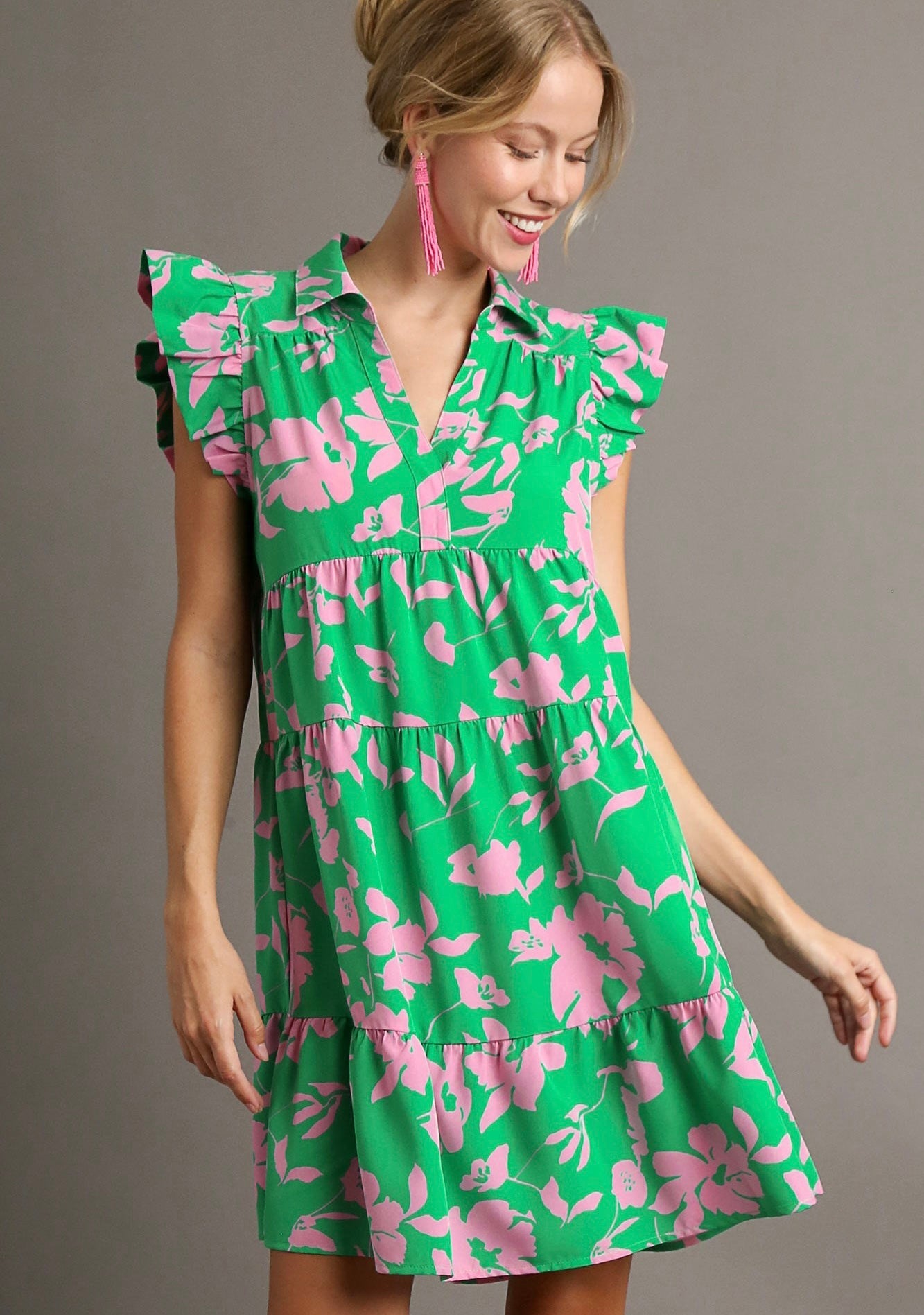 Floral Print A-Line Collared Tiered Dress