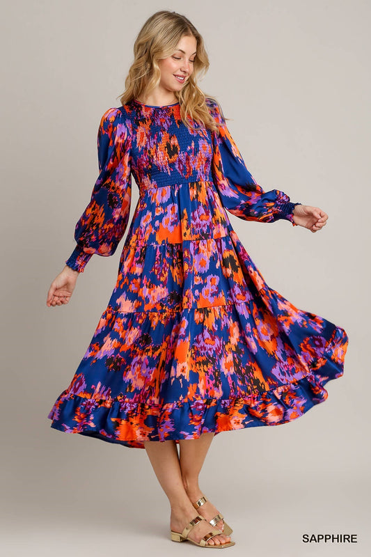 Satin Smocked Printed Long Sleeve Tiered Dress